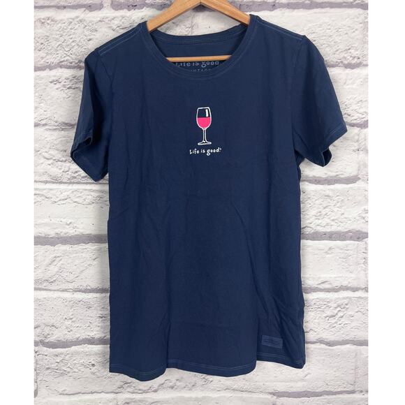Life is Good Womens M Vintage Leisure Outdoors Funny Wine Graphic Navy Blue Tee - Picture 3 of 9